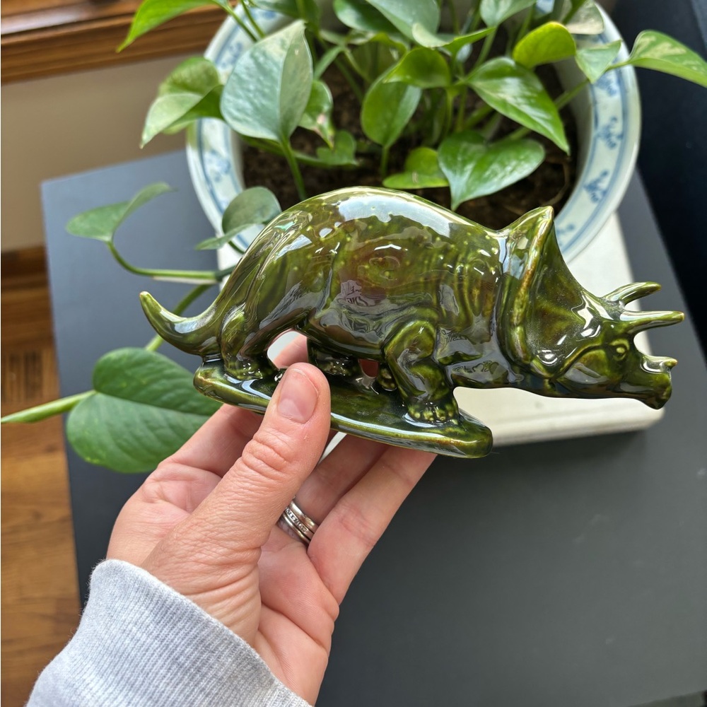 Vintage Signed Handmade Green Ceramic Triceratops Figurine